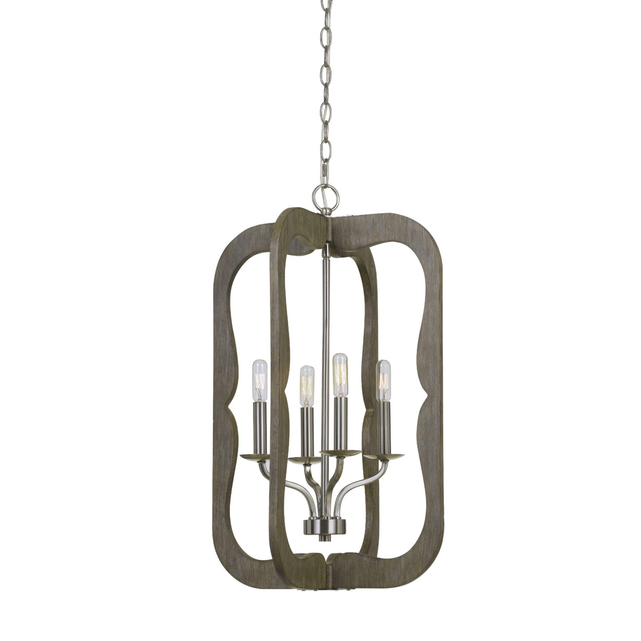 Wooden Cut Out Design Frame Pendant Fixture With Chain, Distressed Brown- Saltoro Sherpi