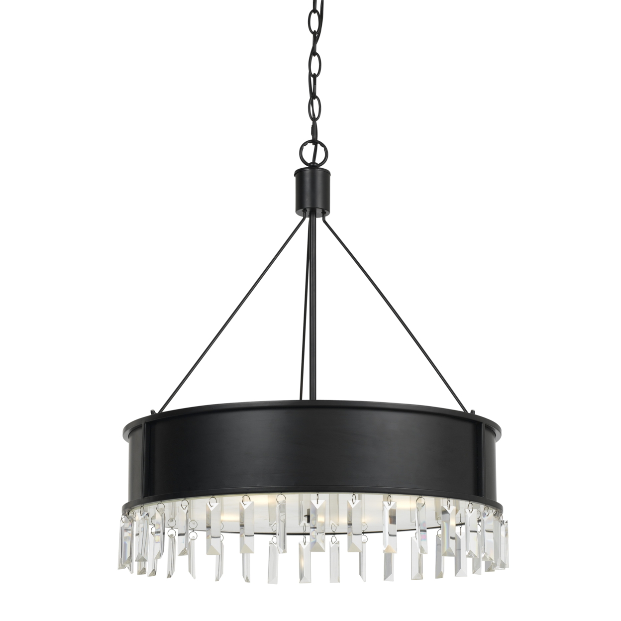 4 Bulb Round Metal Body Chandelier With Hanging Crystal Accents, Black- Saltoro Sherpi