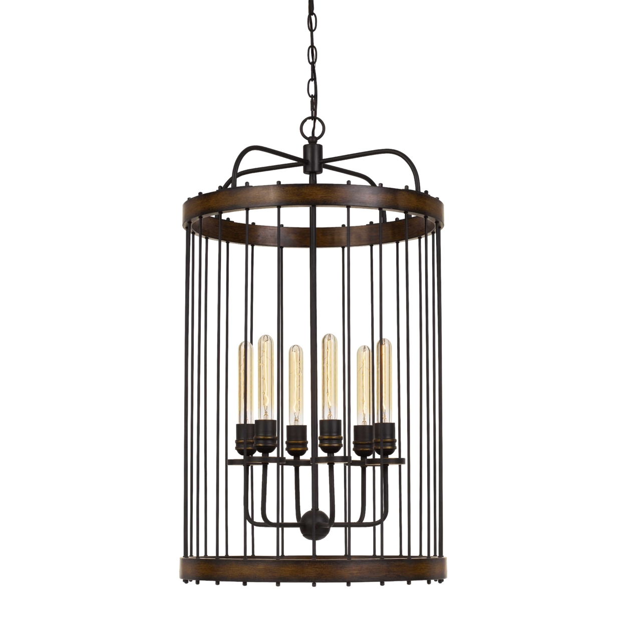 Round Metal And Wooden Frame Chandelier With Cage Design, Brown And Black- Saltoro Sherpi