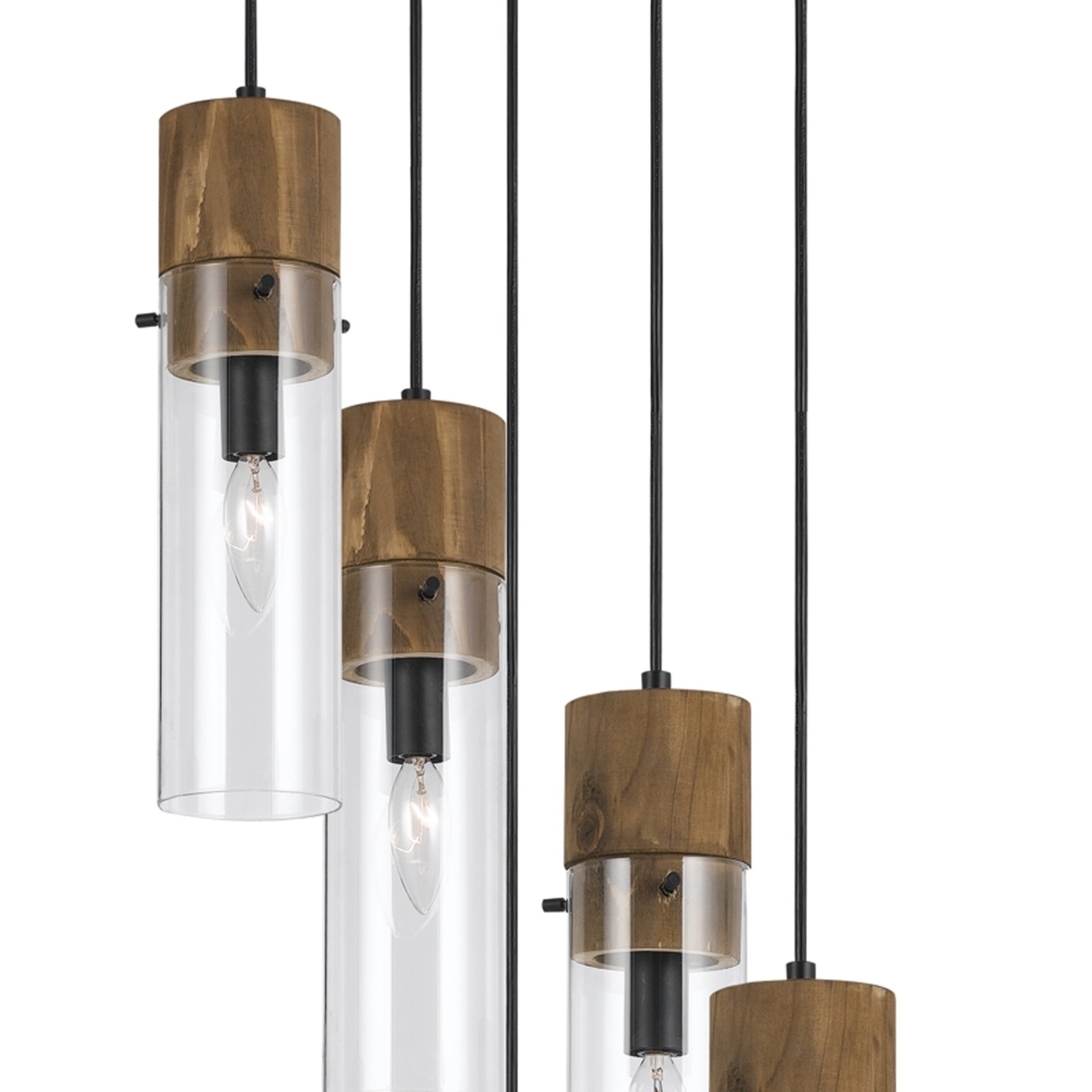 5 Bulb Wind Chime Design Pendant With Cylindrical Glass Shades, Black- Saltoro Sherpi