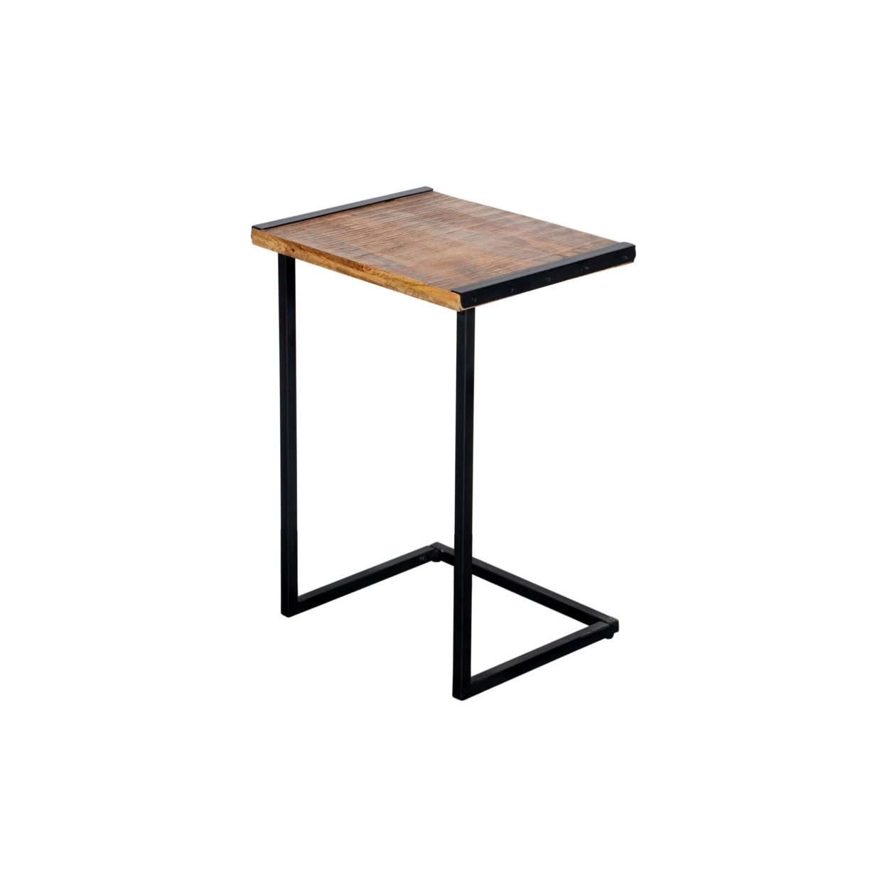 C Shape Mango Wood Sofa Side End Table With Metal Cantilever Base, Brown And Black- Saltoro Sherpi