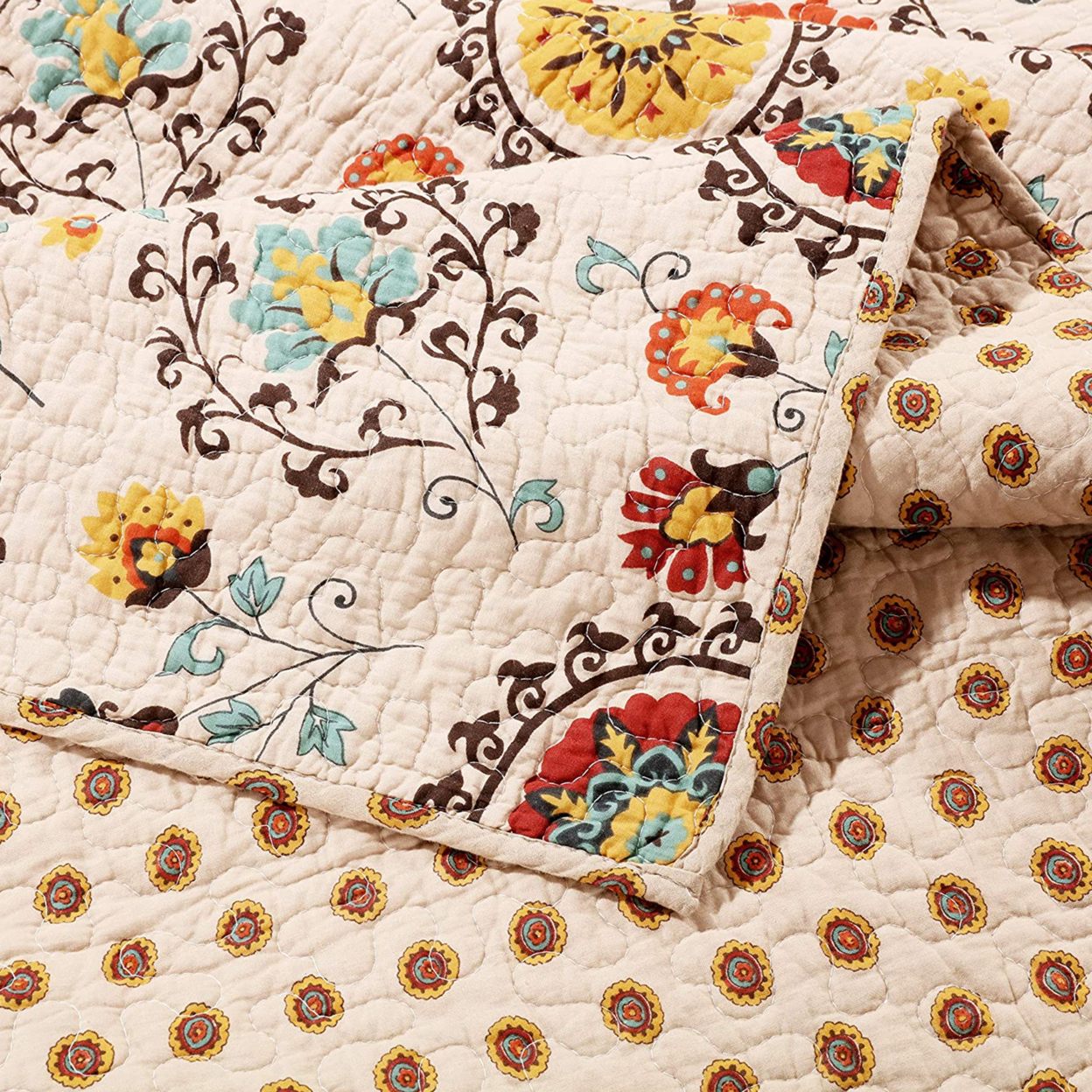 Elbe 4 Piece Twin Quilt Set With Medallion And Floral Pattern, Beige And Brown- Saltoro Sherpi