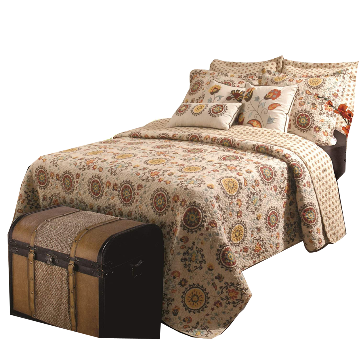 Elbe 5 Piece Queen Quilt Set With Medallion And Floral Pattern, Beige And Brown- Saltoro Sherpi
