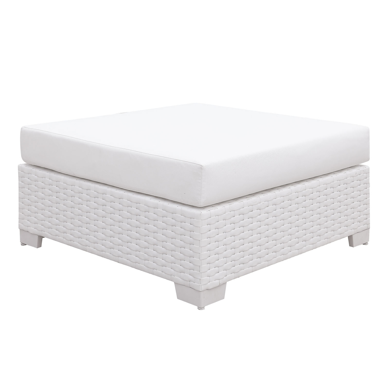 35 Inch Ottoman With Faux Polyester Padded Seat Cushion, White Wicker