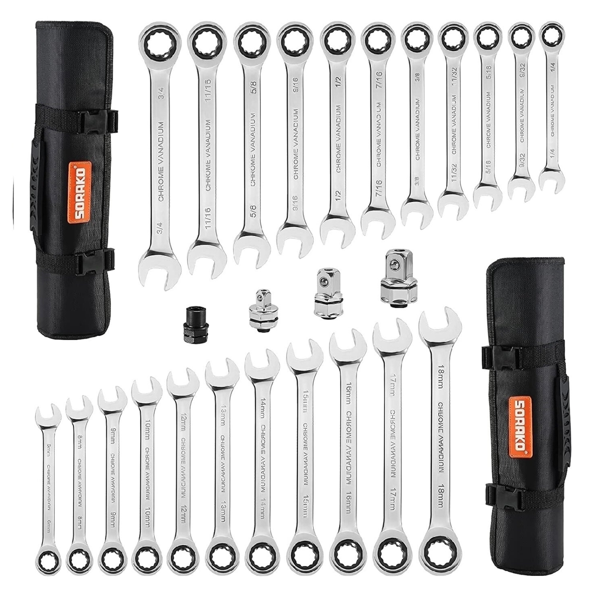 Ratcheting Combination Wrench Set, SORAKO 26-piece Metric with Bit&Socket Adapter, 1/4â³ - 3/4â³ , 6-18mm