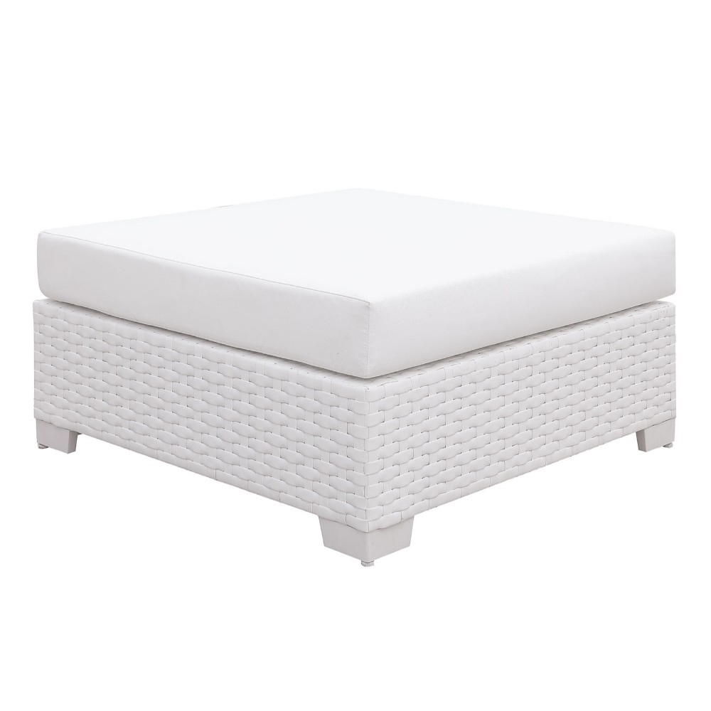 35 Inch Ottoman With Faux Polyester Padded Seat Cushion, White Wicker