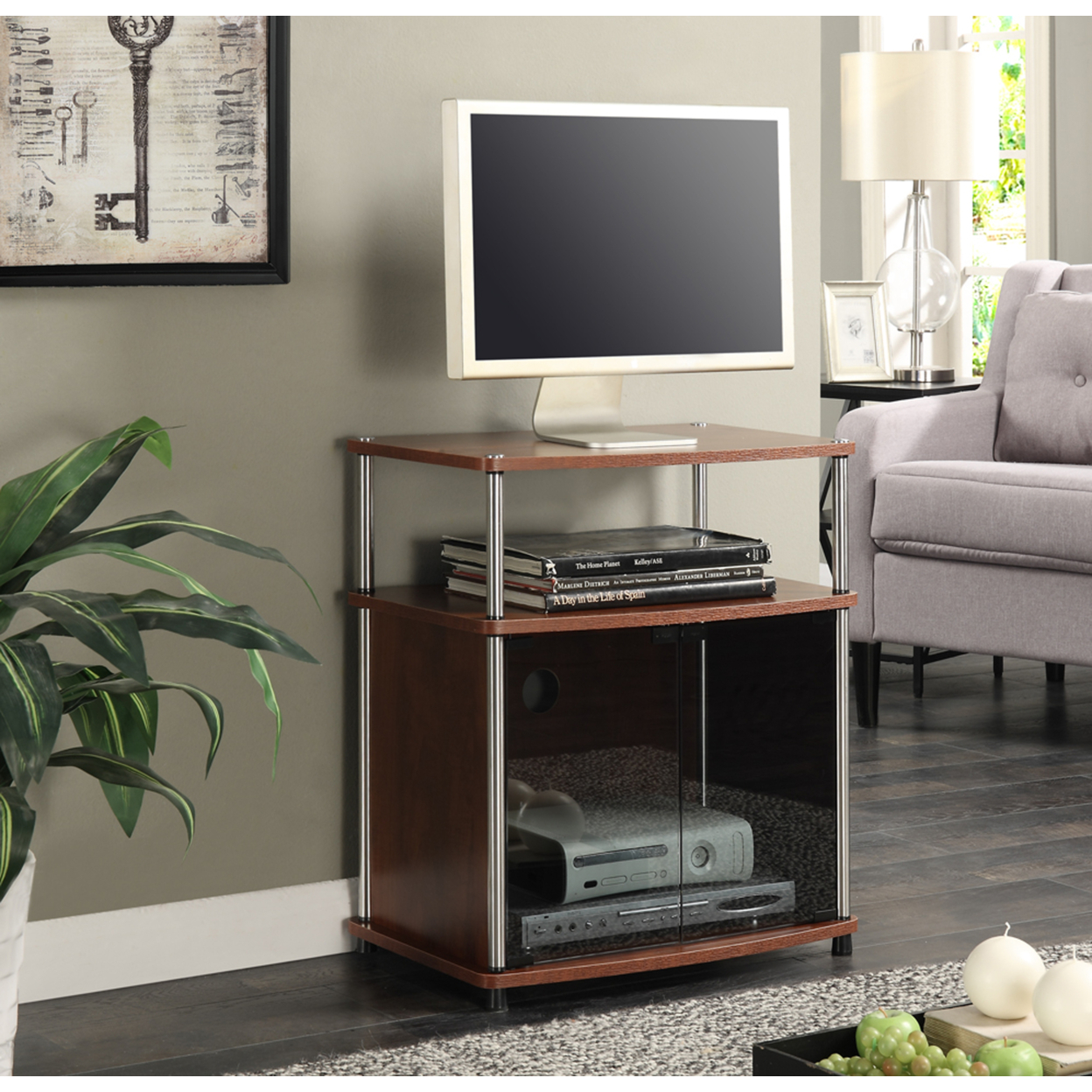 Designs2Go TV Stand with Black Glass Cabinet, Cherry
