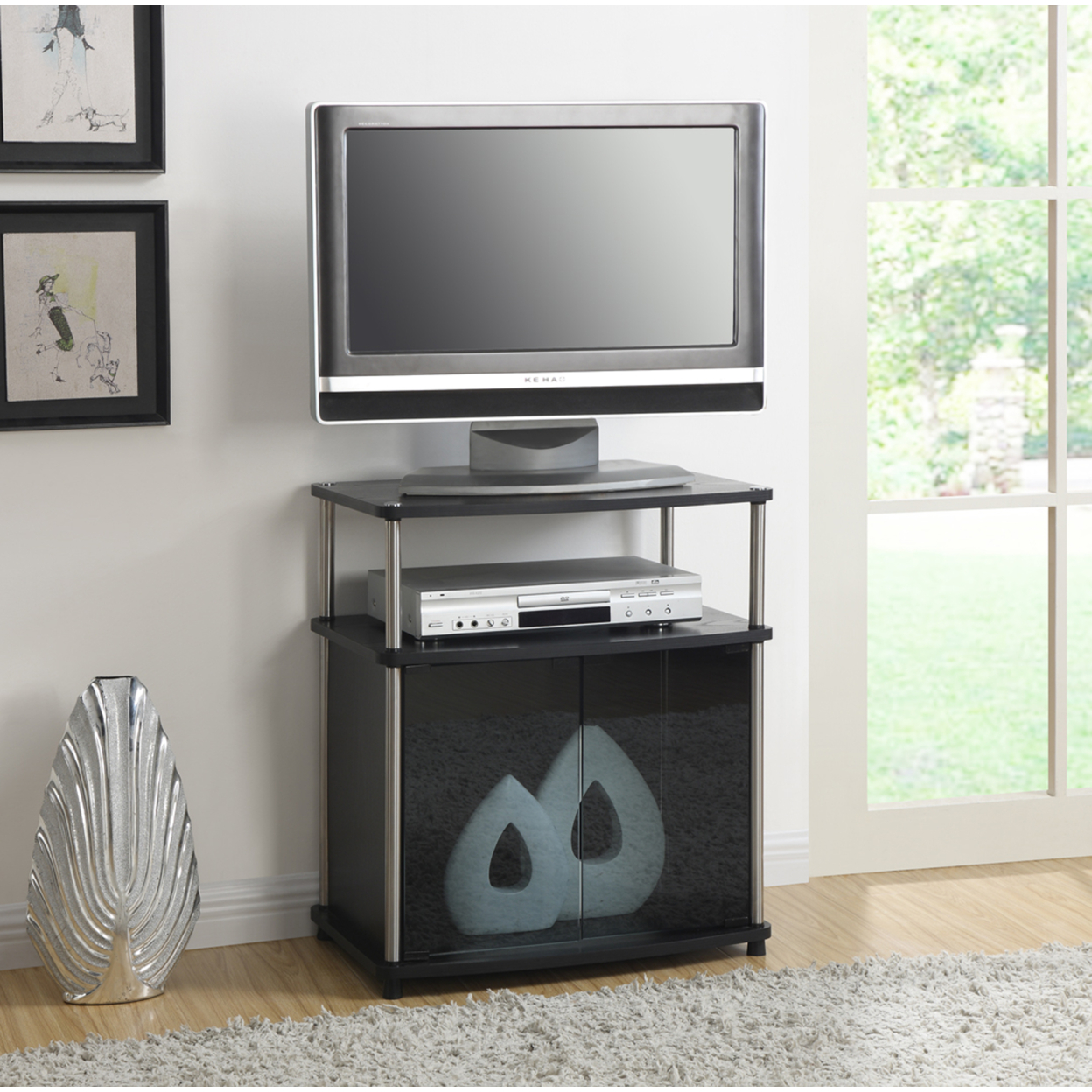 Designs2Go TV Stand with Black Glass Cabinet, Black