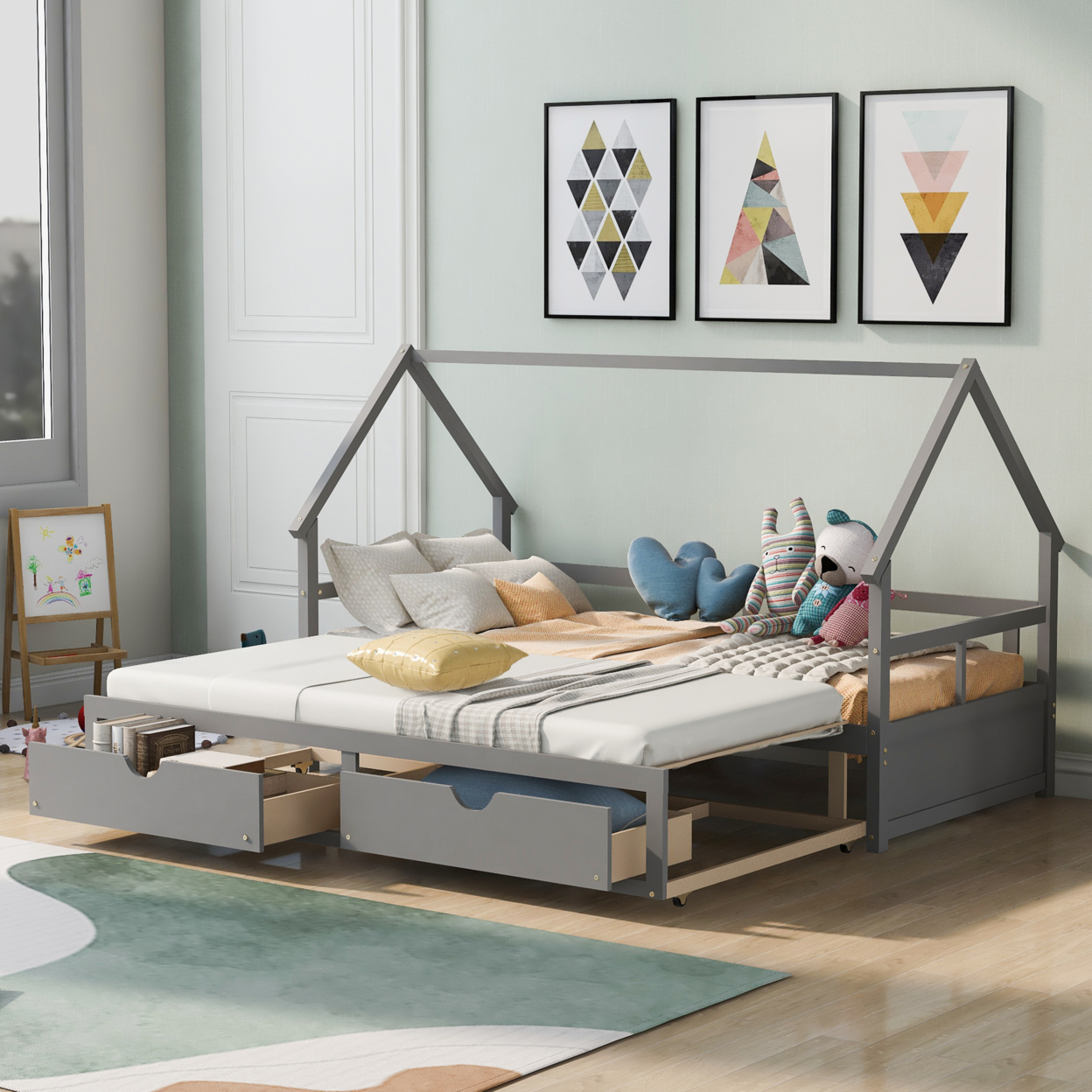 Extending Wooden Daybed with Two Drawers, Gray