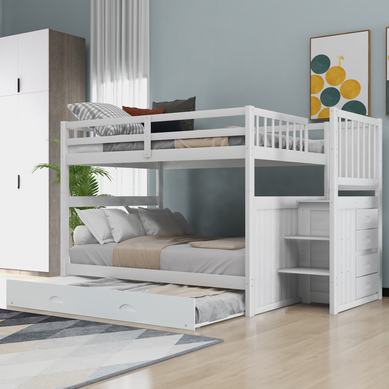 Full Over Full Bunk Bed with Twin Size Trundle (White)