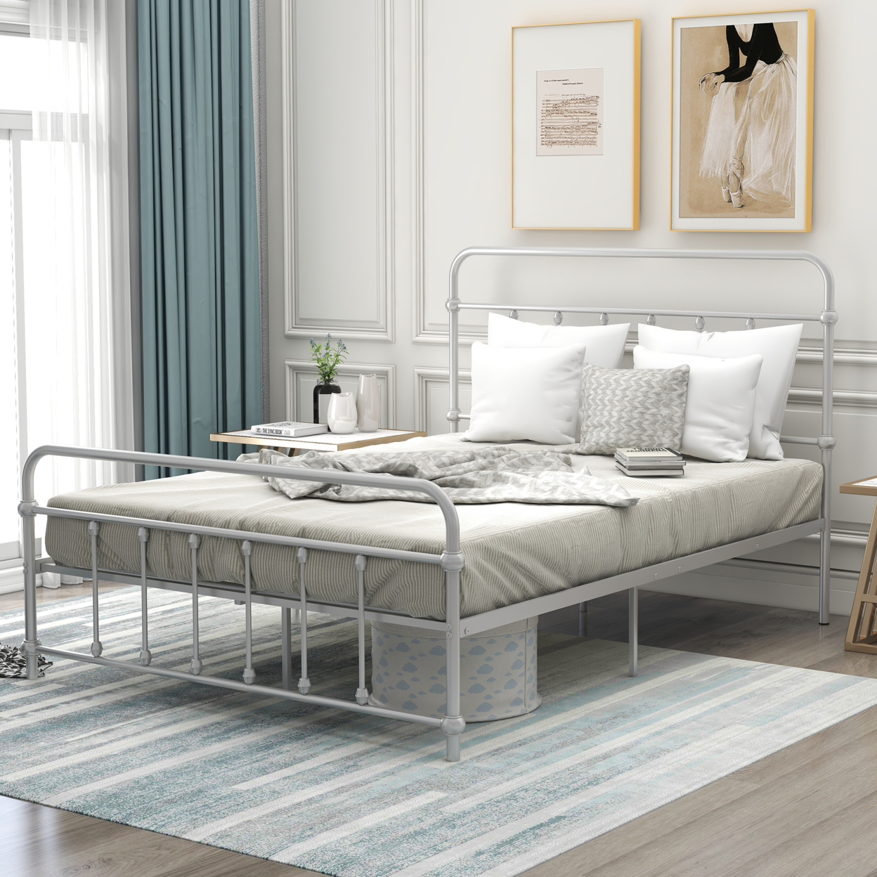 Full Size Metal Platform Bed with Headboard and Footboard, Iron Bed Frame for Bedroom, No Box Spring Needed ï¿½ï¿½Silver