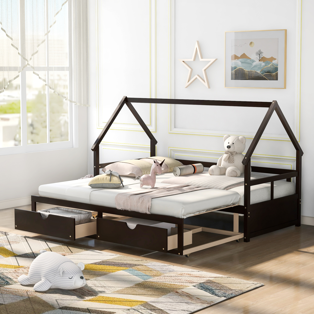 Extending Wooden Daybed with Two Drawers, Espresso