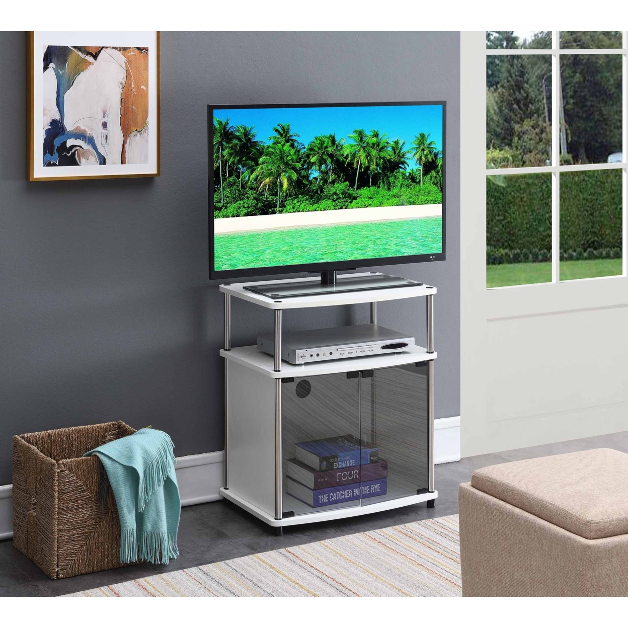 Designs2Go TV Stand with Black Glass Cabinet, White