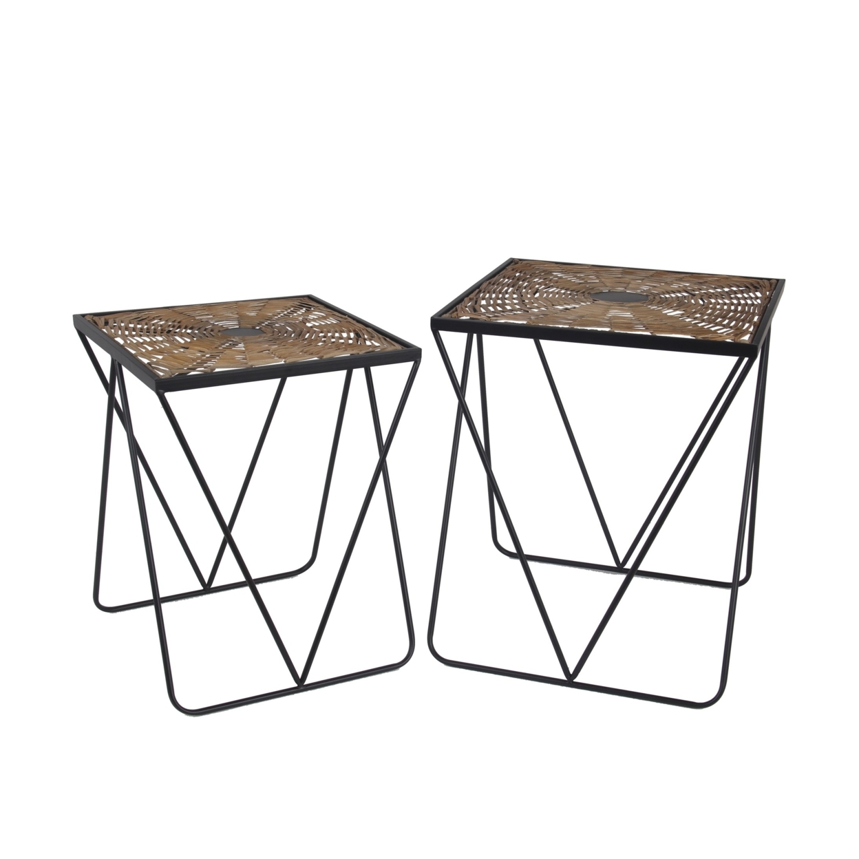 Woven Vinyl Top Square Accent Table,Set Of 2,Brown And Black- Saltoro Sherpi