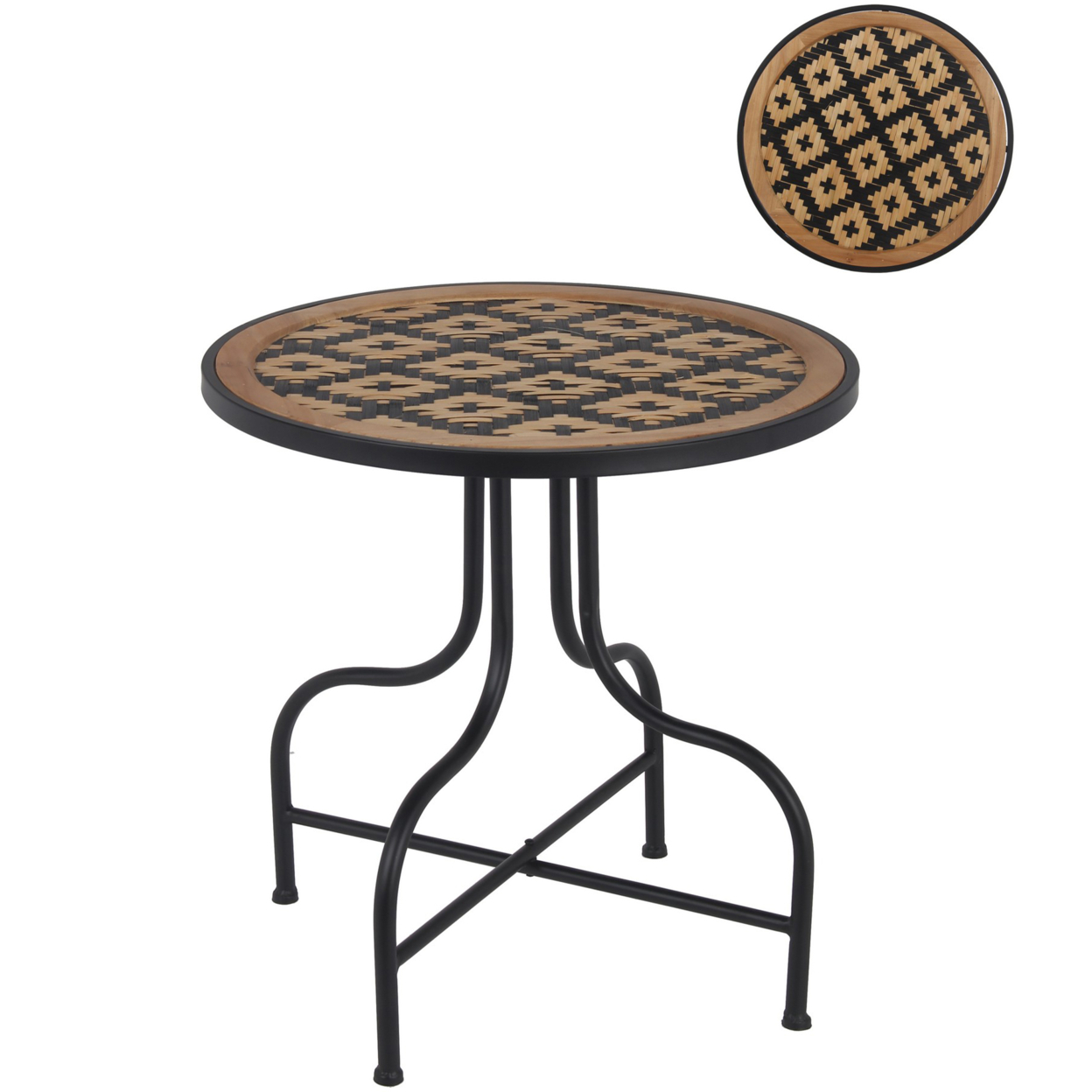 20 Inch Round Top Accent Table With Vinyl Weaving, Brown And Black- Saltoro Sherpi
