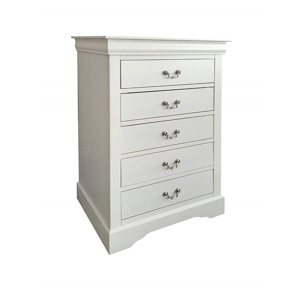 Traditional Style Wood And Metal Chest With 5 Drawers, White- Saltoro Sherpi