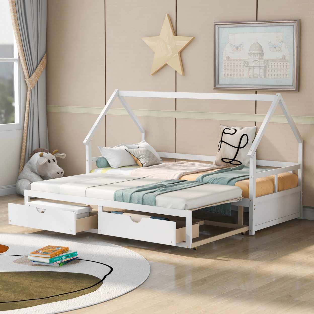 Extending Wooden Daybed with Two Drawers, White