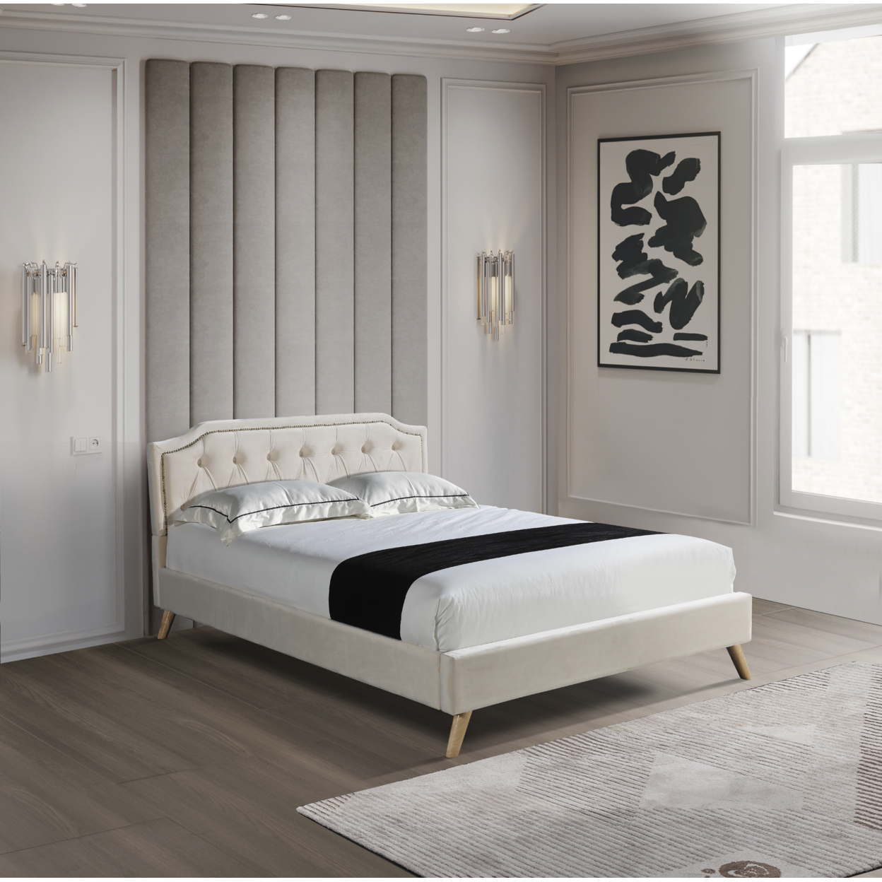 Full Size upholstered platform bed beige fabric bed frame