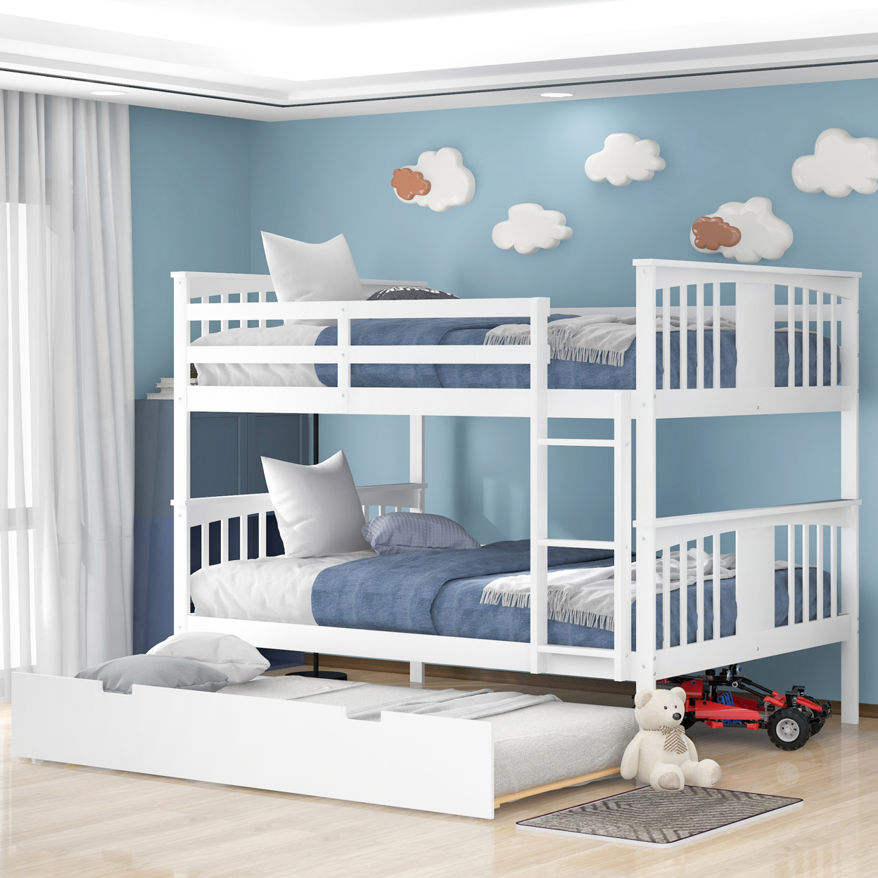 Full over Full Bunk Bed with Twin Size Trundle and Ladder-White(Old SKU: LP000204AAK)