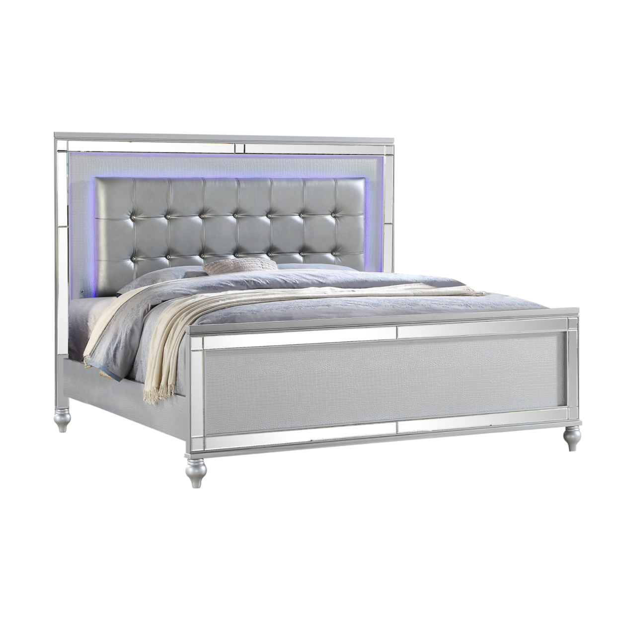 Sterling Full Size Upholstered LED Bed made with wood in Silver Color