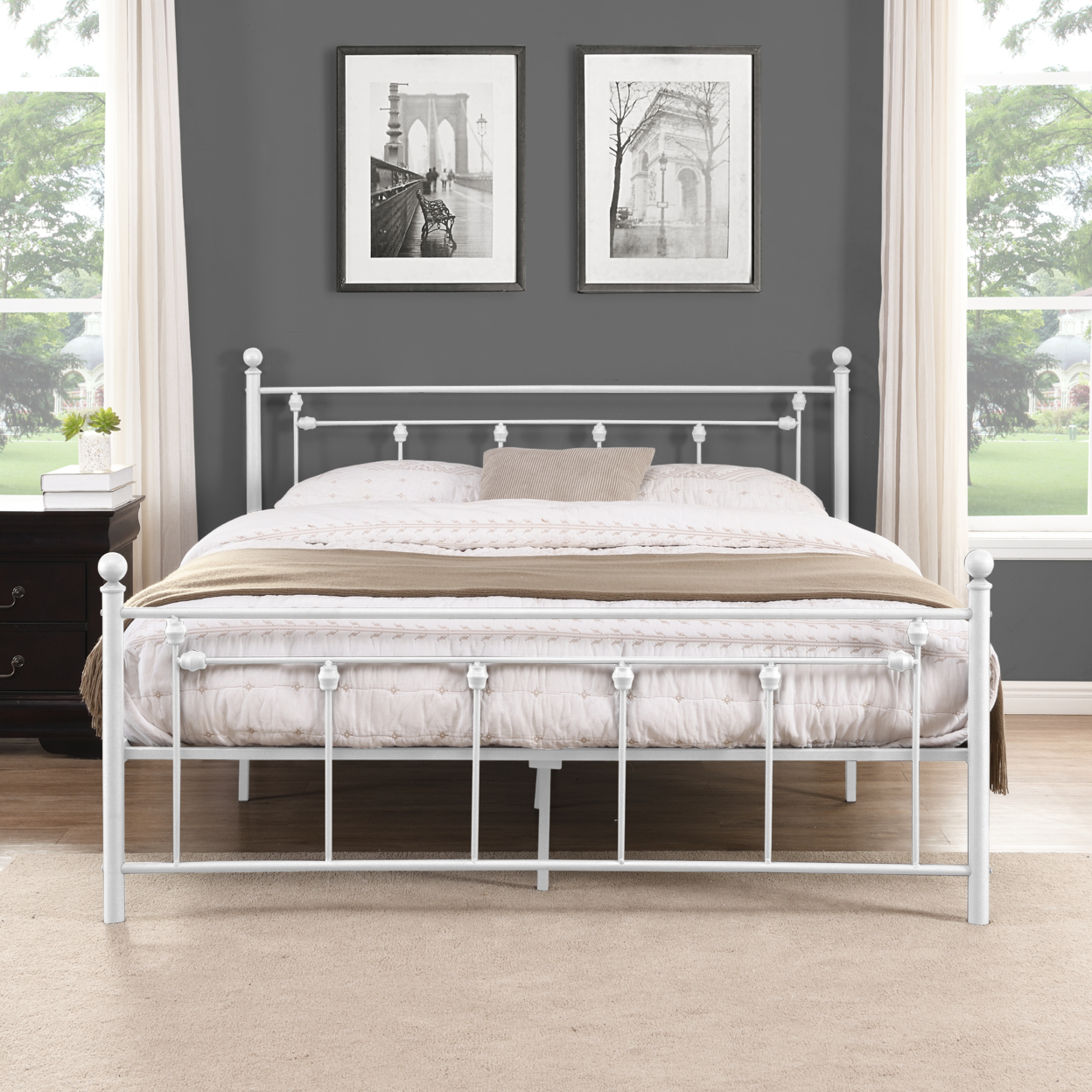 Queen Size Metal Bed Frame with Headboard and Footboard (White)