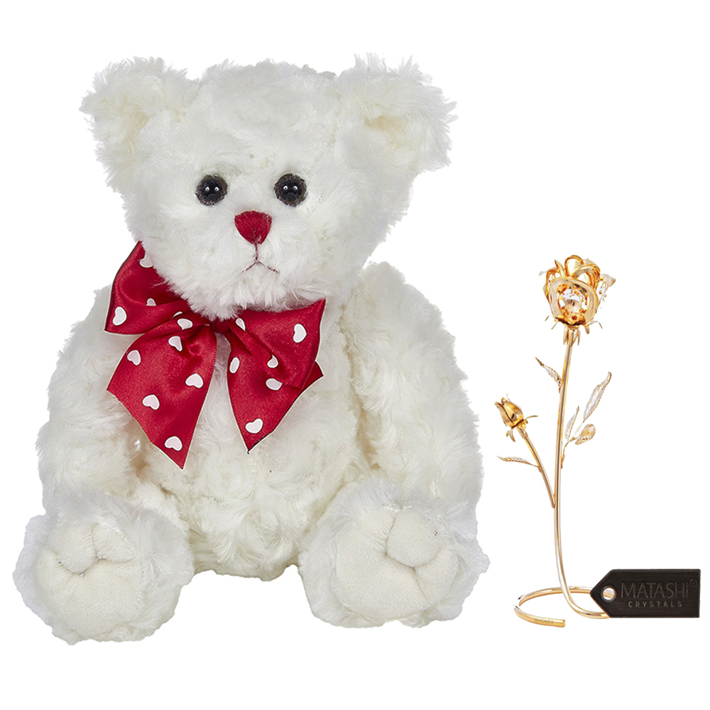 Flower Ornament Dipped In 24K Gold Luxury Gift Box Bearington Lil' Lovable Valentine's Day Plush Stuffed Animal Teddy Bear White 11