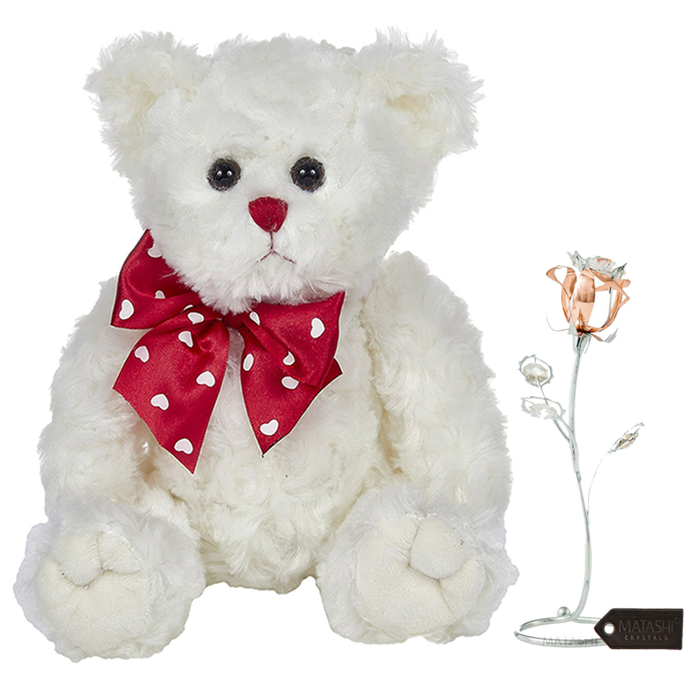 Bearington Lil' Lovable Valentine's Day Plush Stuffed Animal Teddy Bear White 11 Chrome And Rose-Gold Plated Rose Flower Tabletop Ornament