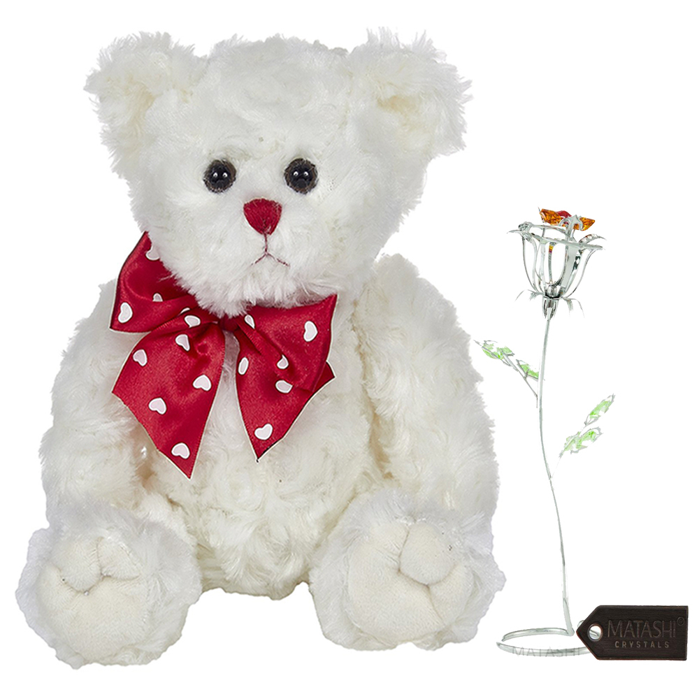 Chrome Plated Silver Rose Flower Tabletop Ornament W/ Matashi Crystals -Bearington Plush Stuffed Animal Teddy Bear White 11