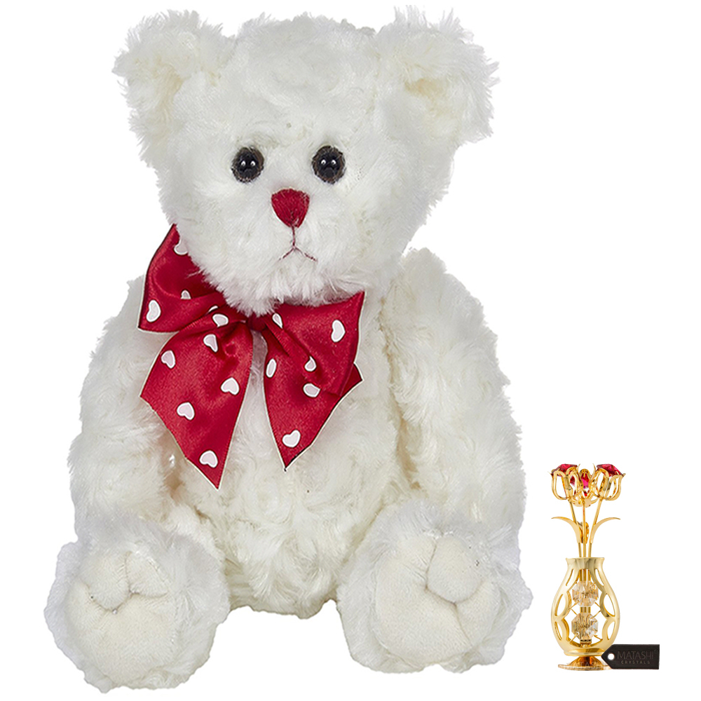 Bearington Lil' Lovable Valentine's Day Plush Stuffed Animal Teddy Bear White 11, 24k Gold Plated Flowers Bouquet And Vase