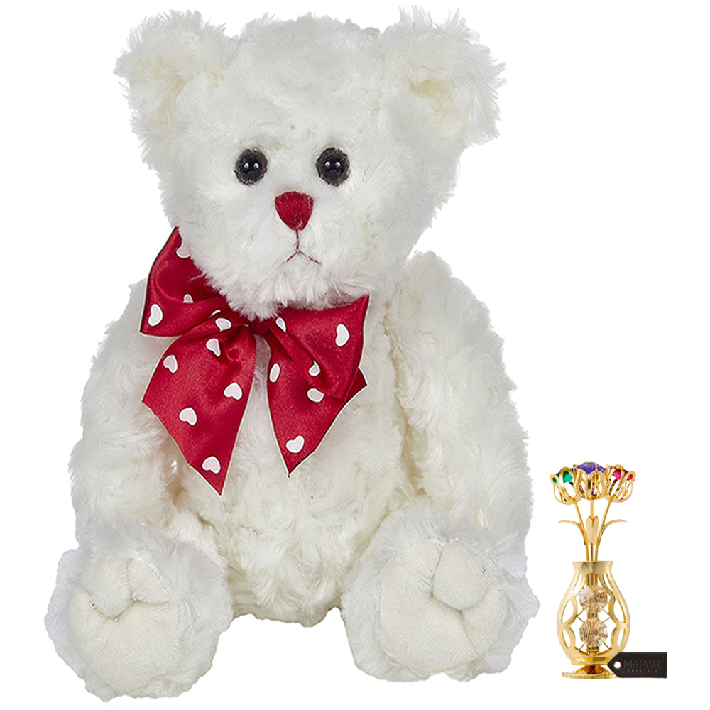 Bearington Lil' Lovable Valentine's Day Plush Stuffed Animal Teddy Bear White 11 , 24k Gold Plated Flowers Bouquet And Vase