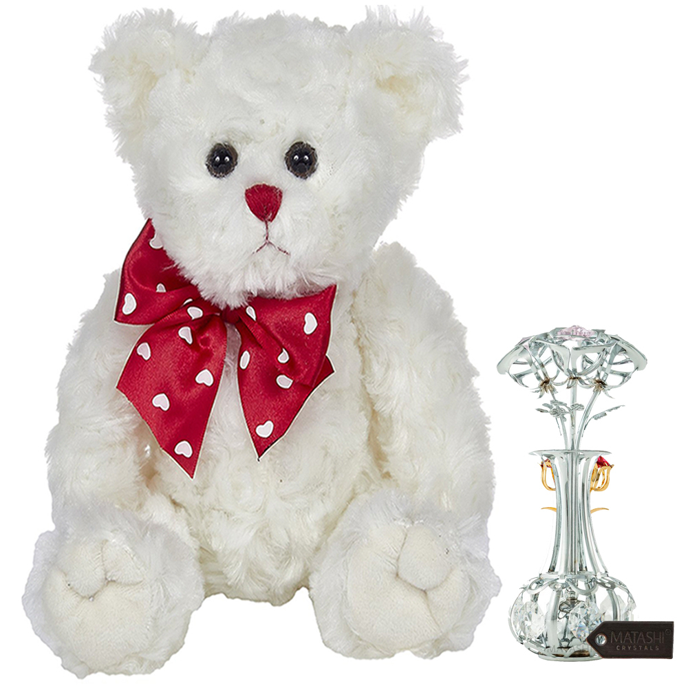 Bearington Plush Stuffed Animal Teddy Bear White 11 , Chrome Plated Silver Flowers Bouquet & Vase W/ Pink & Clear Matashi Crystals ,