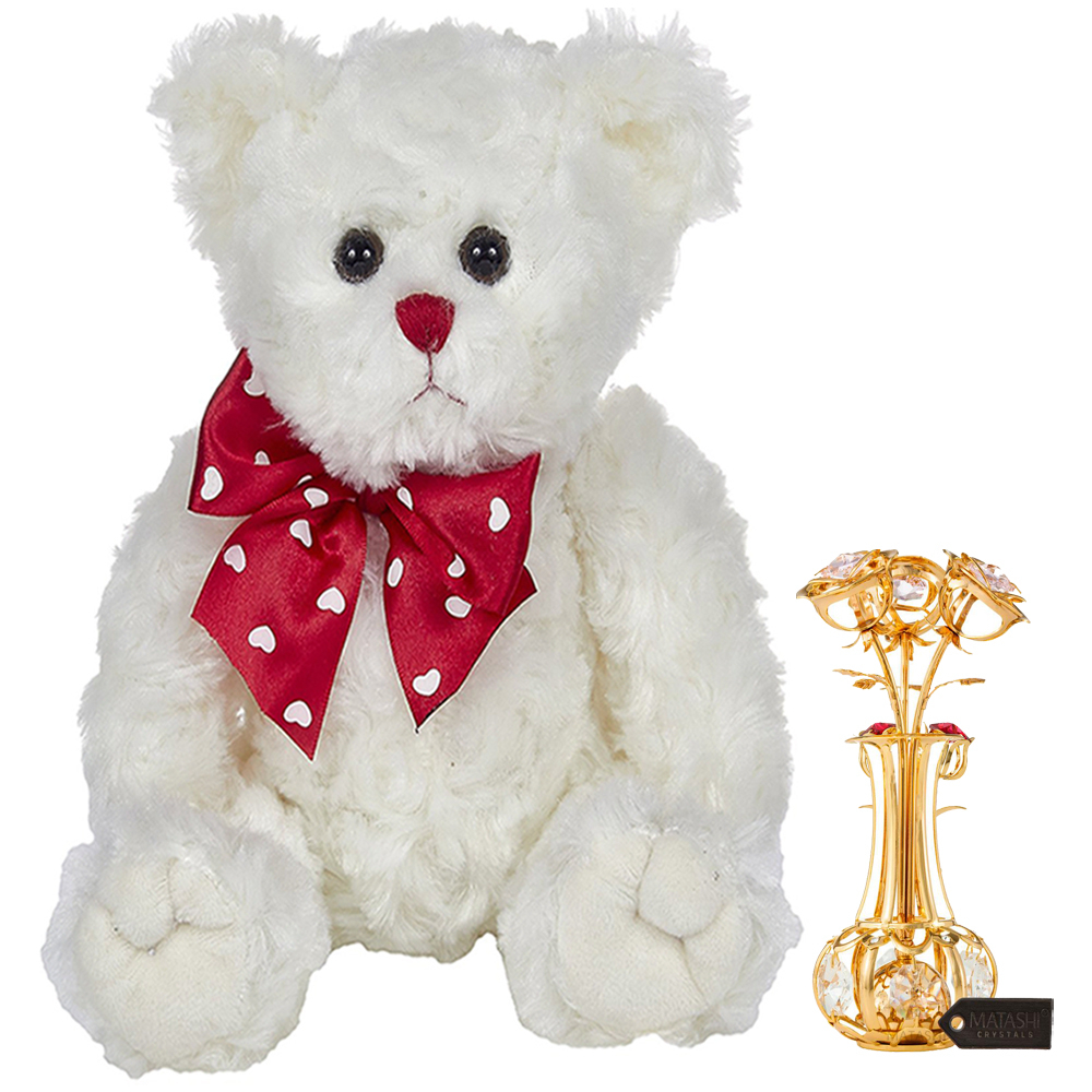 Bearington Plush Stuffed Animal Teddy Bear White 11 , 24k Gold Plated Flowers Bouquet And Vase W/ Pink & Clear Matashi Crystals