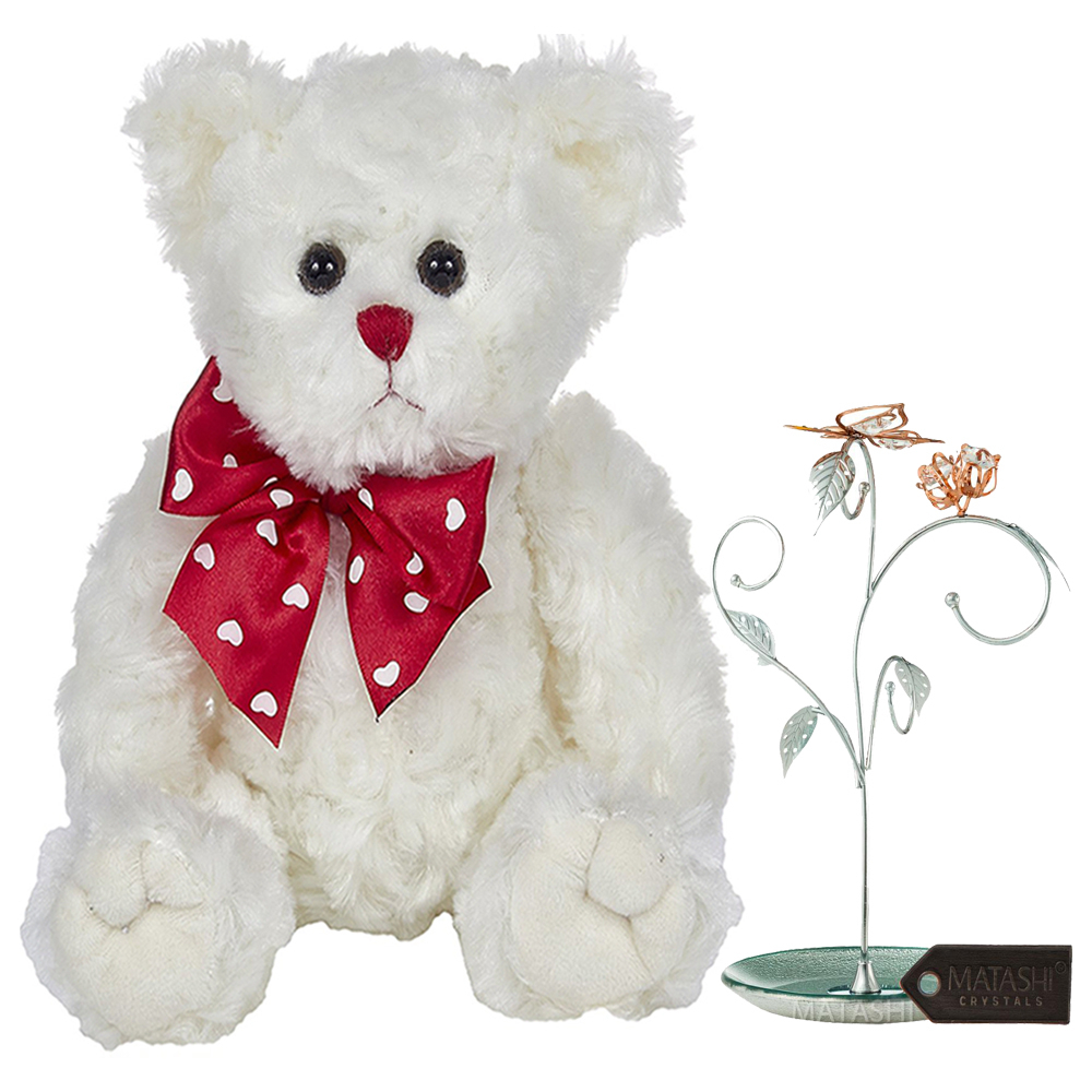 Bearington Lil' Lovable Valentine's Day 11 Plush Stuffed Animal Teddy Bear White , Rose Gold And Chrome Plated Jewelry Stand