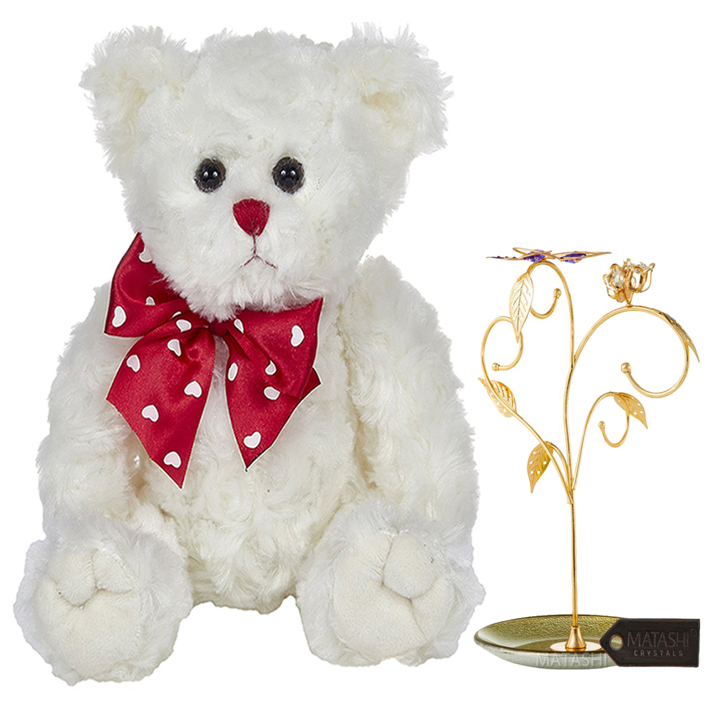 Bearington 11 Plush Stuffed Animal Teddy Bear White , 24k Gold Plated Jewelry Stand