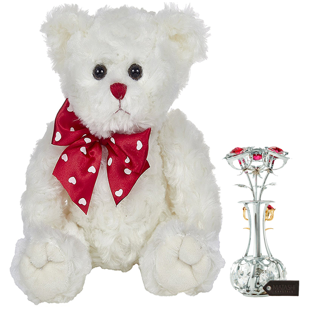 Chrome Plated Silver Flowers Bouquet+Vase W/Red-Clear Matashi Crystal , Bearington Lil' Lovable Valentine's Day Plush Animal Teddy Bear 11