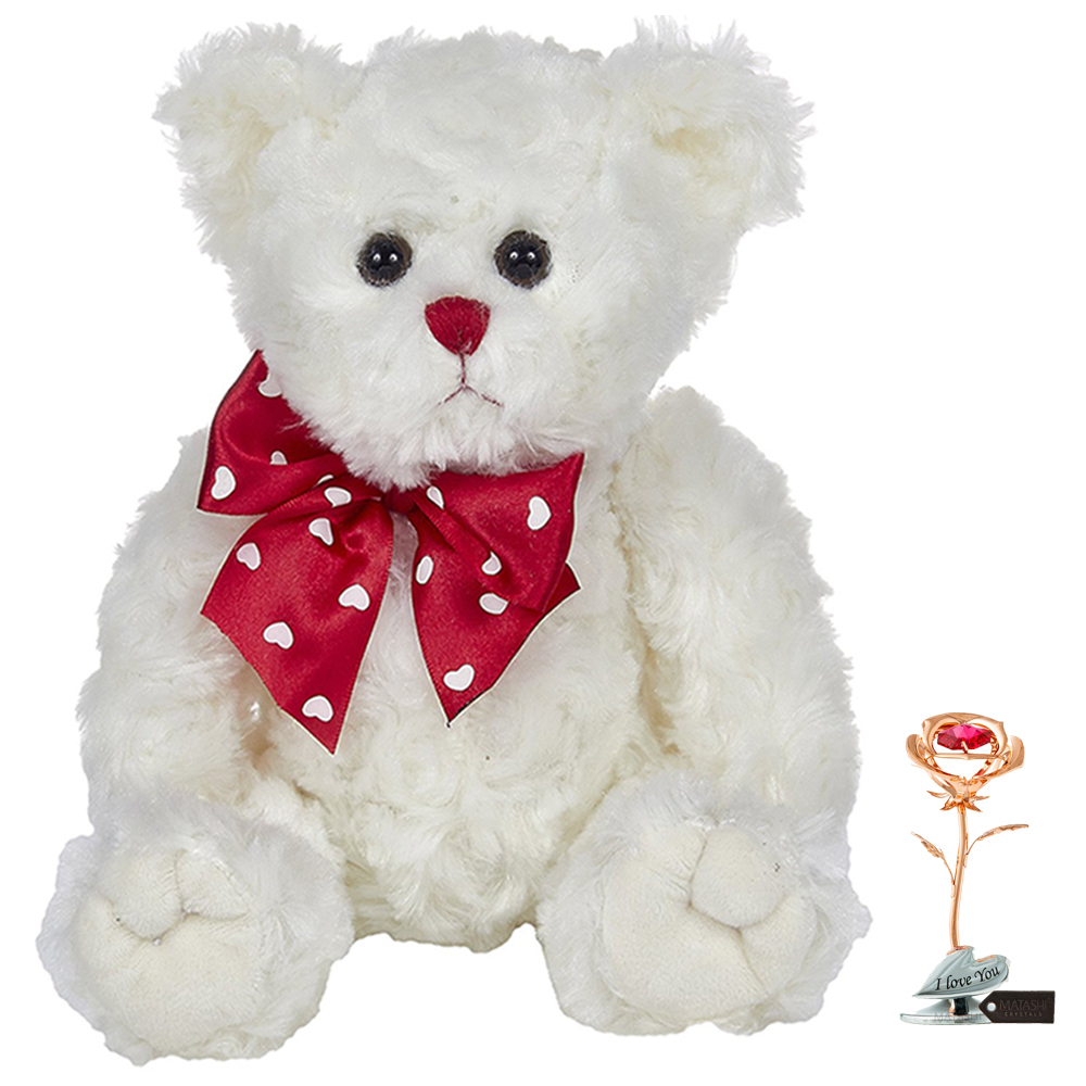 Bearington Lil' Lovable Valentine's Day Plush Stuffed Animal Teddy Bear White , Single Rose Gold Plated Rose Flower Tabletop Ornament