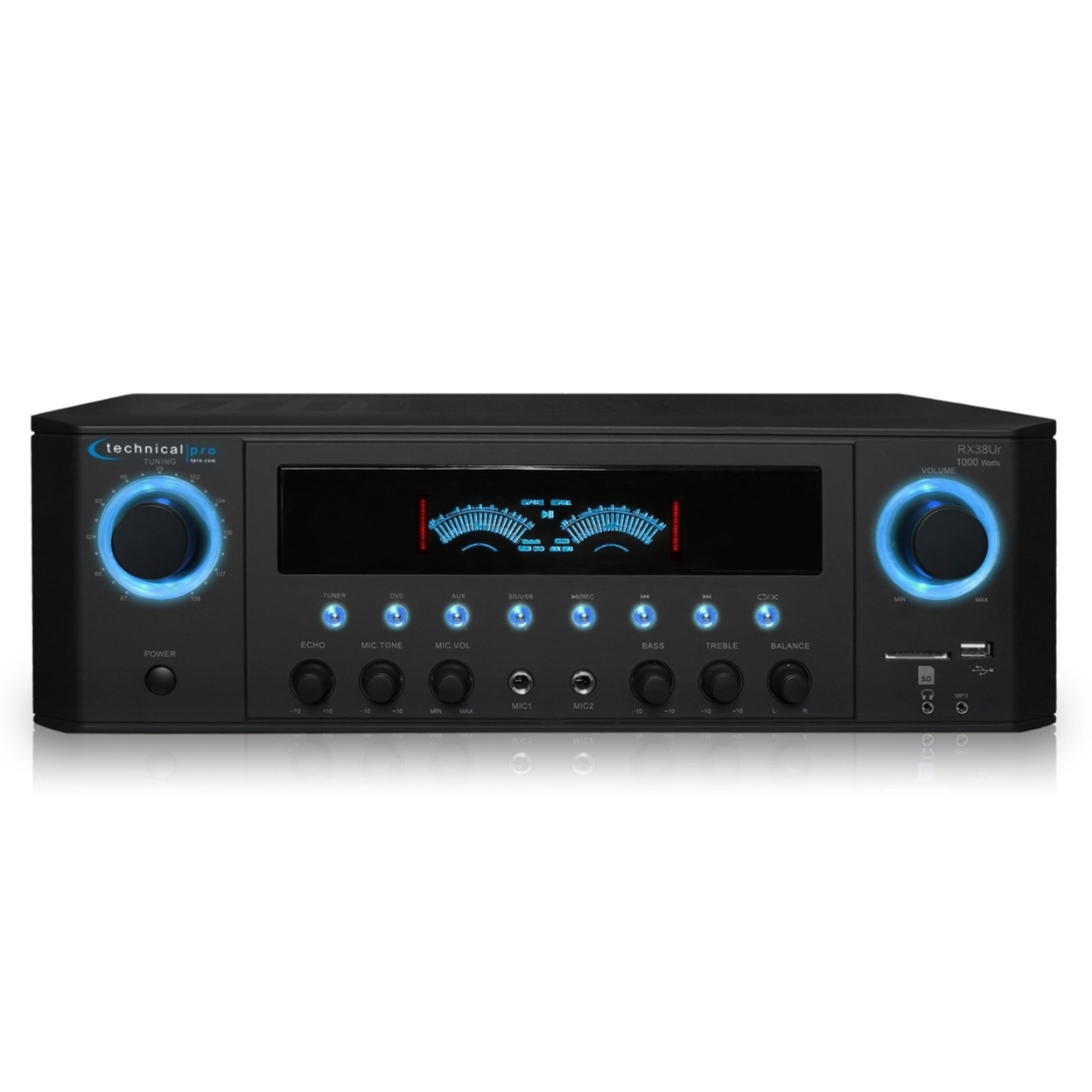 Technical Pro Professional Receiver With USB & SD Card Inputs, MP3 (AUX), 1000 Watts Peak Power, 2 Mic Inputs, Recorder