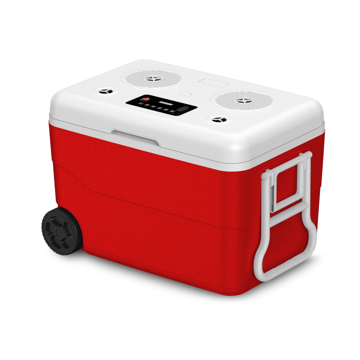 Technical Pro Rechargeable Red 55 Quarts Cooler With Waterproof Built-in Bluetooth Speaker And 12,000 MaH Power Bank, Great For Picnics