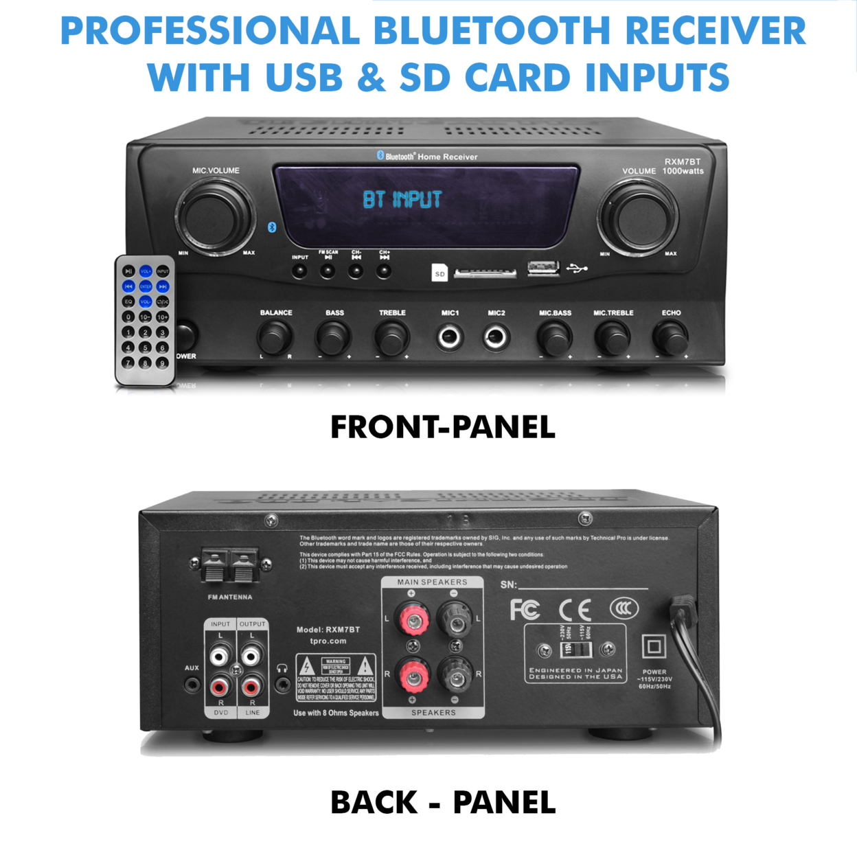 Technical Pro 1000W Bluetooth Home Amplifier & Receiver + (Qty 6) 5.25 In-Ceiling Stereo Speakers + Handheld Microphone W/ 10 Ft Cable