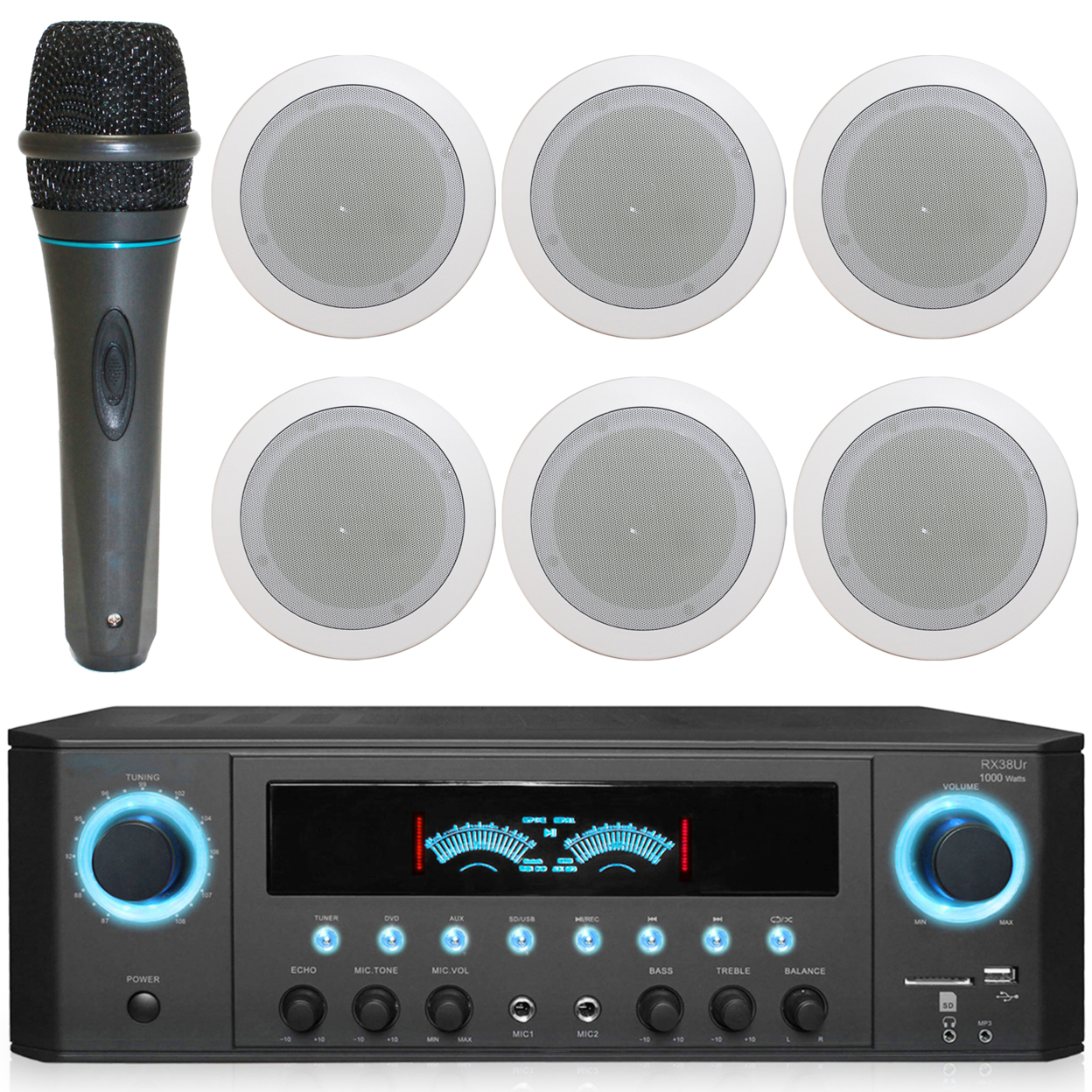 Technical Pro 1000W Bluetooth Home System W/USB/SD Inputs + (Qty 6) 6.5 Flush Mount In-Ceiling Stereo Speakers + Mic W/10 Ft Cable
