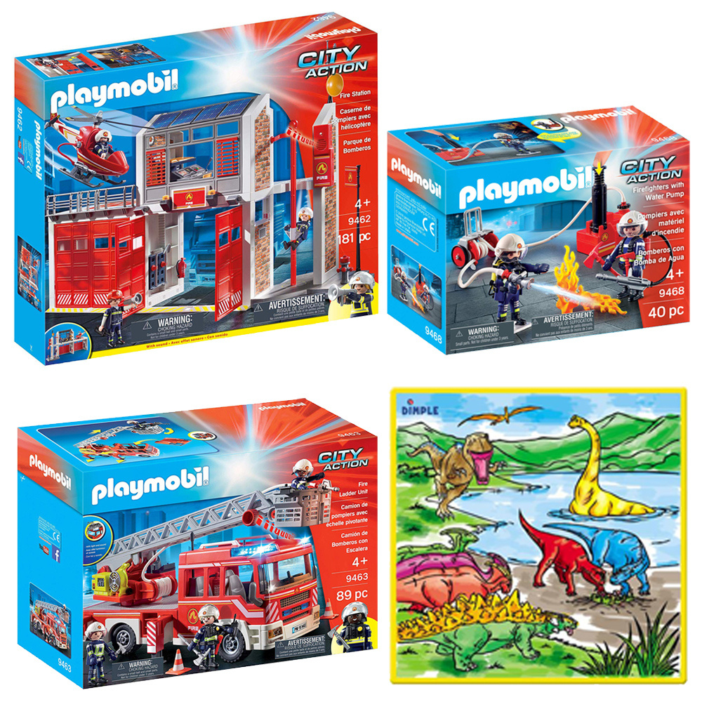 Playmobil Fire Station, Fire Ladder Unit And Firefighters With Water Pump, 310 Pcs Kids Playset With Small Washable Coloring Play Mat