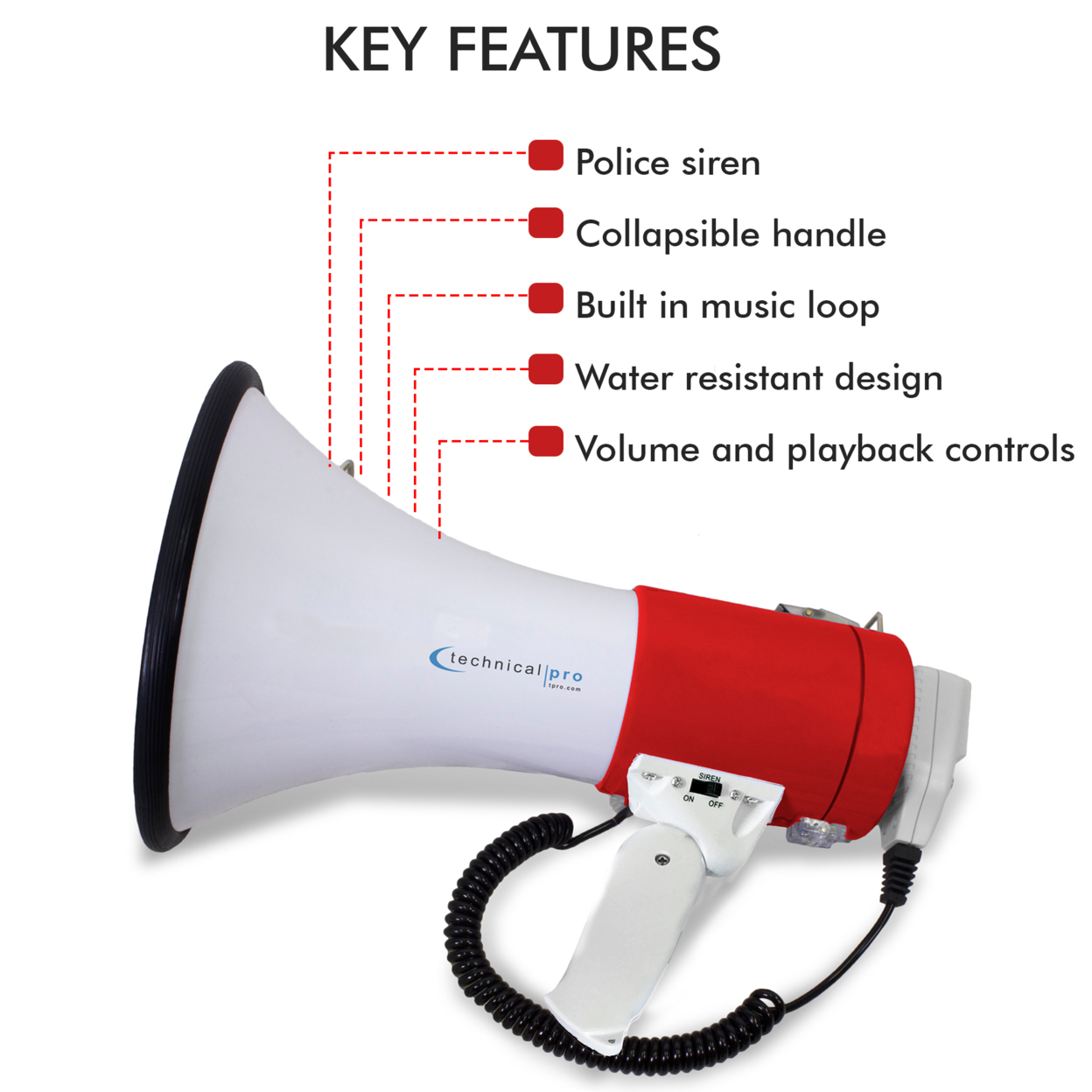 Technical Pro Red Megaphone 50-Watt Siren Bullhorn Speaker W/ Detachable Microphone - Professional Outdoor Voice For Police & Cheerleading