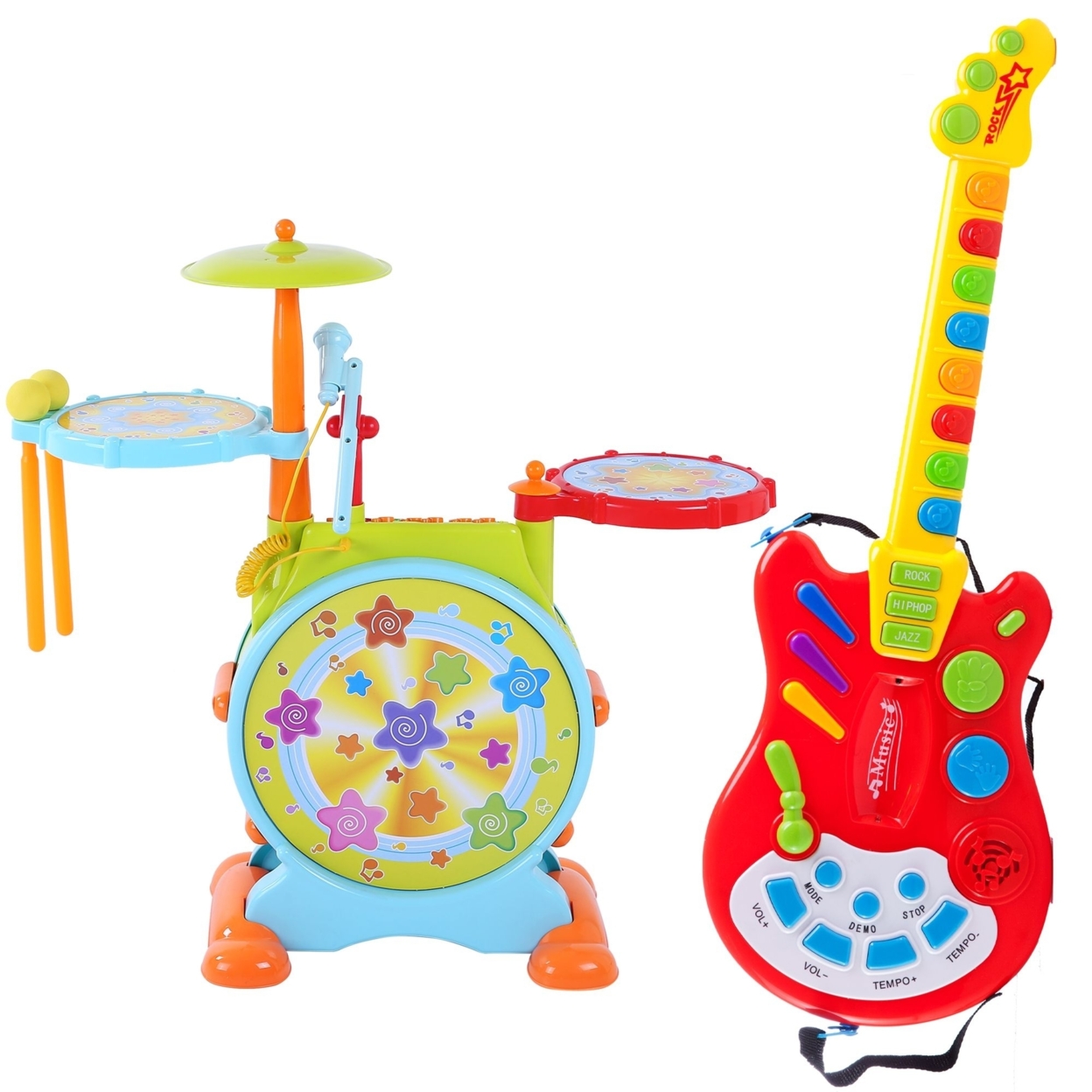 Dimple Toy Electric Guitar With Over 20 Interactive Buttons And Electric Big Toy Drum Set For Kids Comes With Microphone Pedal And Stool