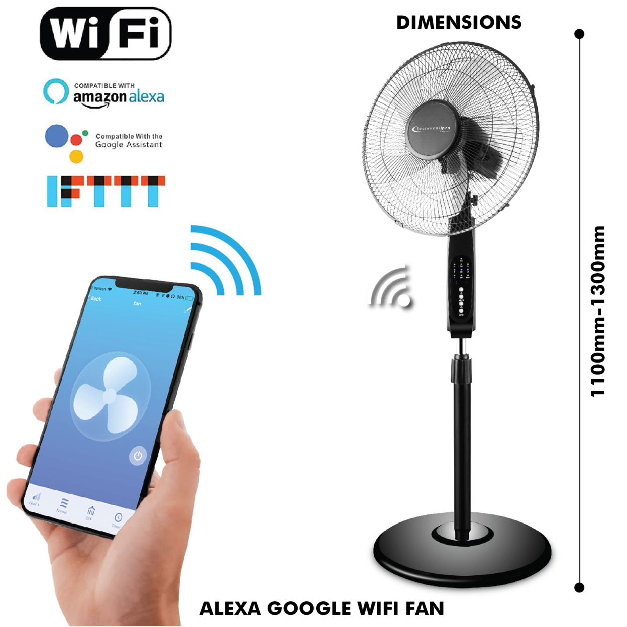 (Qty 2) Technical Pro WIFI Enabled 16 Inch Standing Fan With Oscillating Feature And Compatible W/ Voice Control & Smart Home App (Black)