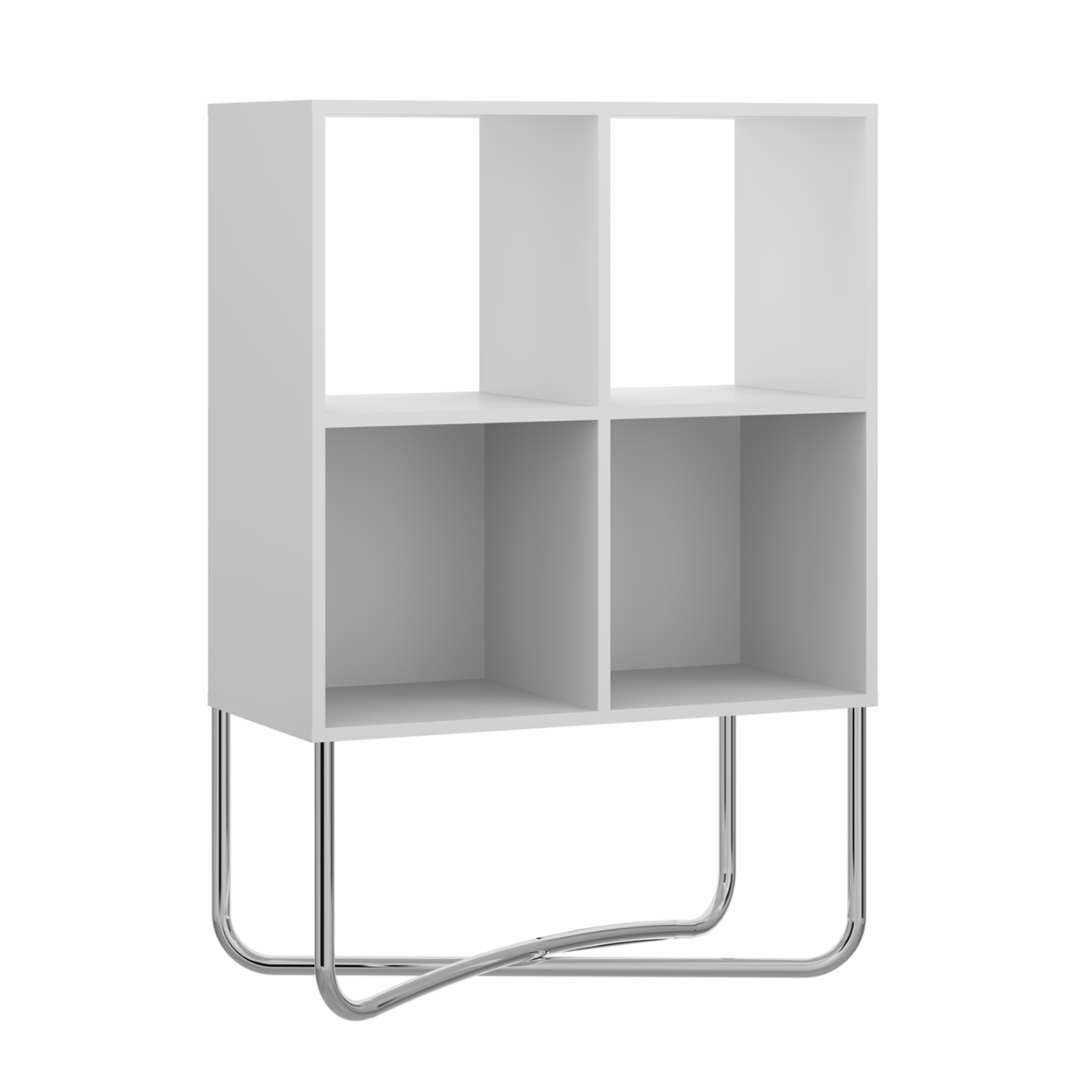 Multipurpose Storage Shelf With 4 Open Compartments, White And Chrome- Saltoro Sherpi
