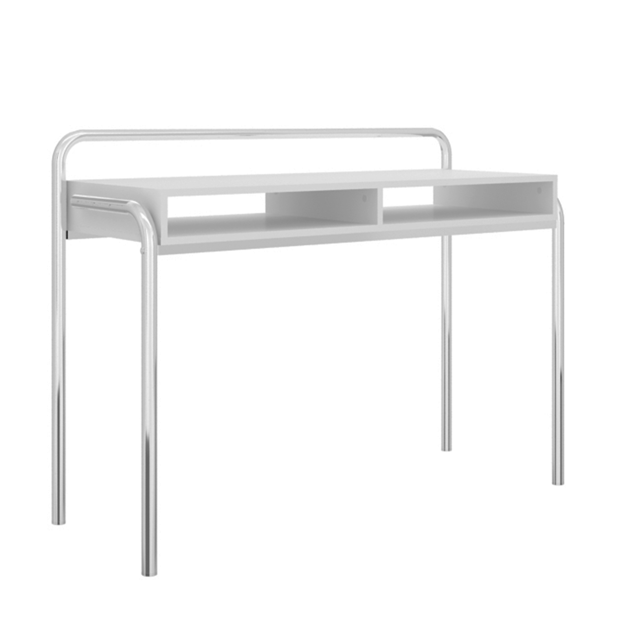 Office Desk With 2 Compartments And Tubular Metal Frame, White And Chrome- Saltoro Sherpi