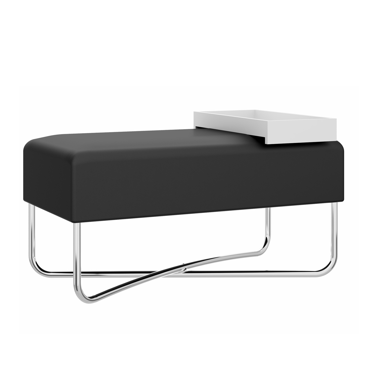 Pouffe With Rectangular Fabric Seat And Inbuilt Wooden Tray, Black And White- Saltoro Sherpi
