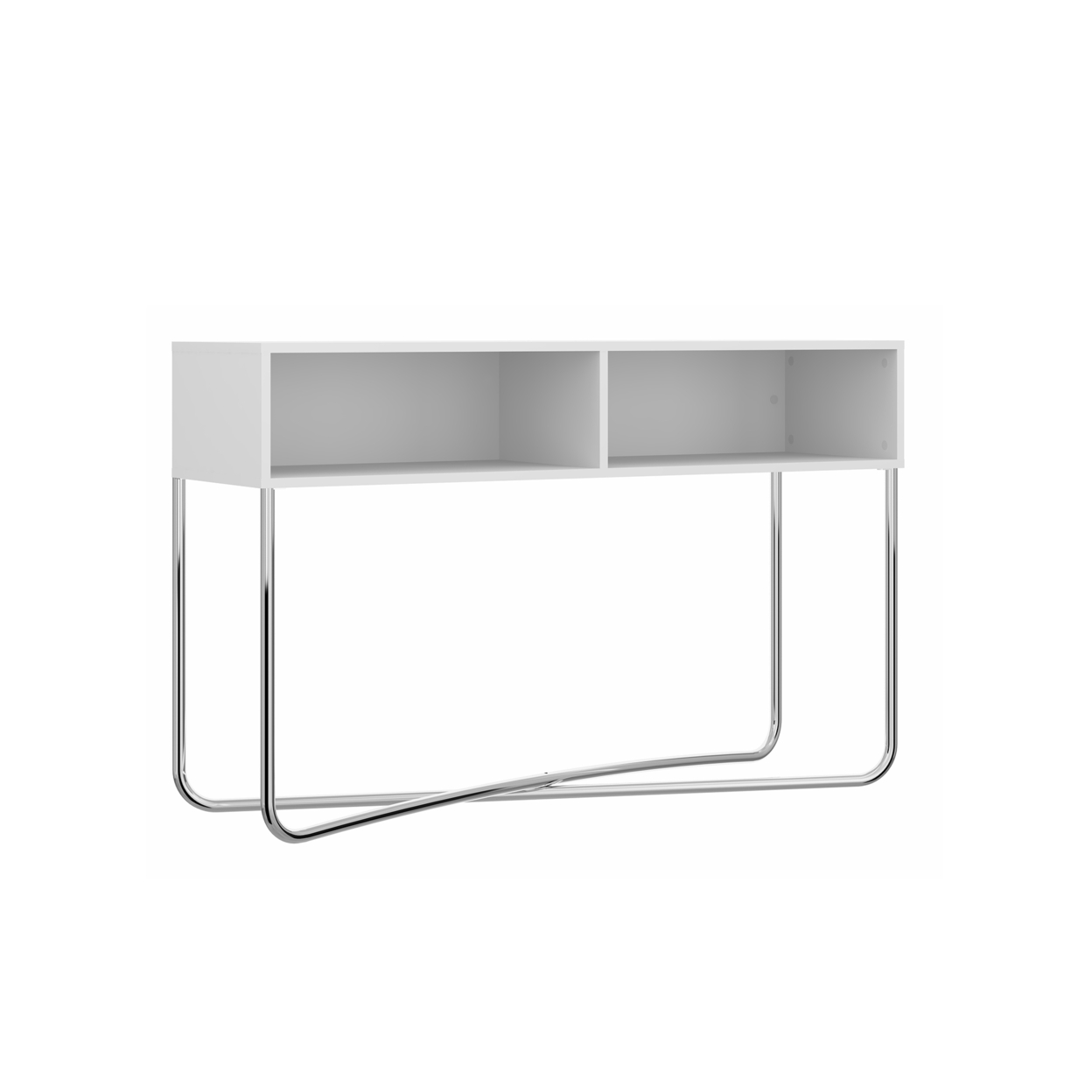 Wooden Console Table With 2 Open Compartments And Metal Frame, White And Chrome- Saltoro Sherpi