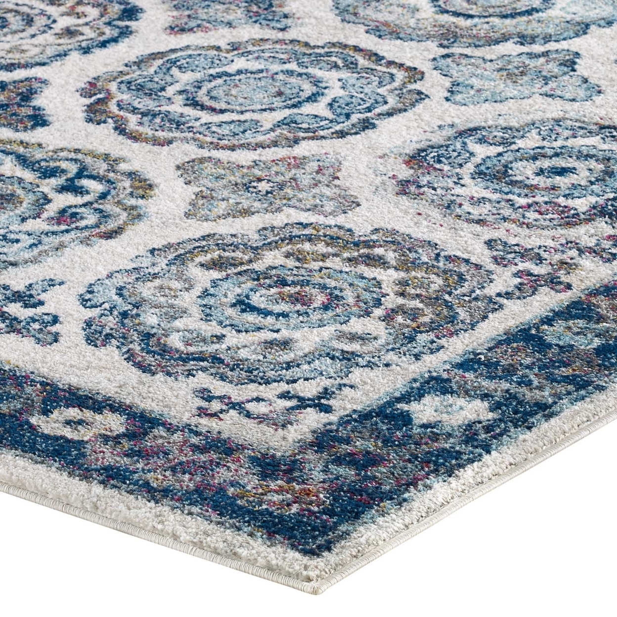 Entourage Odile Distressed Floral Moroccan Trellis 5x8 Area Rug, Ivory And Blue
