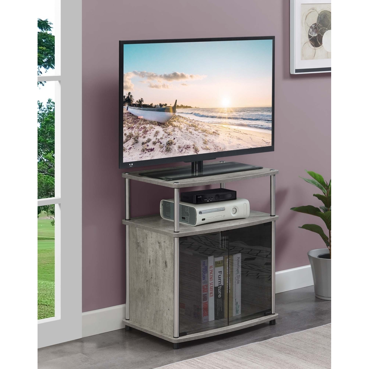 Designs2Go TV Stand with Black Glass Storage Cabinet and Shelf, Gray